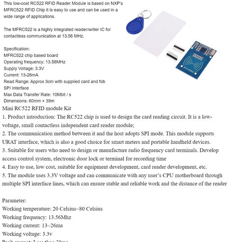 Rc522 Mfrc 5221356mhz 1356 Mhz Rfid Key Card Reader Module Set For A Makerlab Electronics