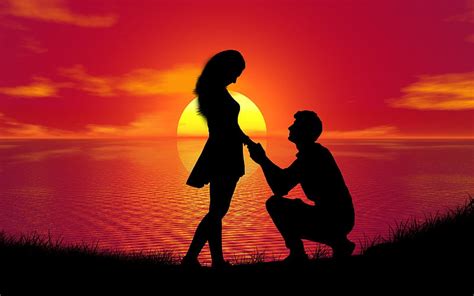 Couple Sunset Proposal Silhouette Romance Scenery Seascape