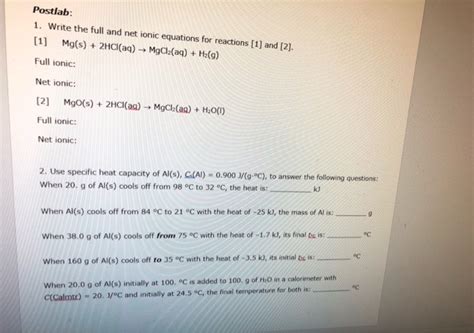 Solved Postlab Write The Full And Net Ionic Equations Chegg