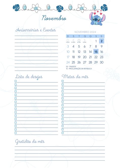 Agenda Novembro Planner Stitch Fazendo A Nossa Festa