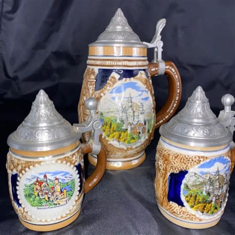 Vintage Bavarian German Beer Steins Pewter Lid Neuschwanstein Castle