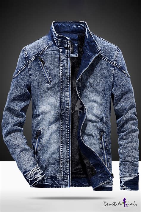 Fancy Mens Denim Jacket Zip Fly Long Sleeve Stand Collar Regular Fitted Denim Jacket With