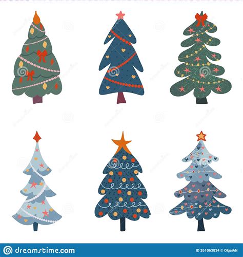 Set Of Cartoon Christmas Trees Pines For Greeting Card Invitation Banner Web New Years And