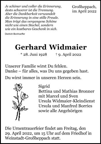 Traueranzeigen Von Gerhard Widmaier Zvw Trauer