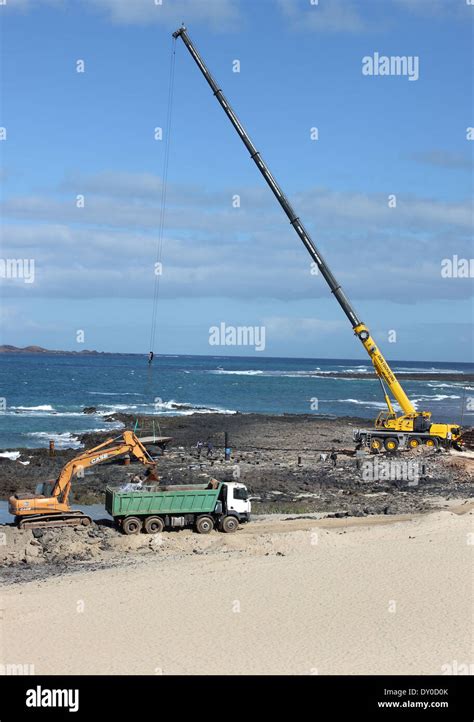 Beach Construction Work Reclamation Of Sea On Spanish Canary Island