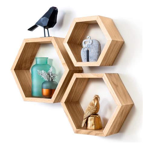 Hexagon Floating Shelves, Set of 3 Beautiful Wood Honeycomb Shelves, Hexagon Wall Decor with ...