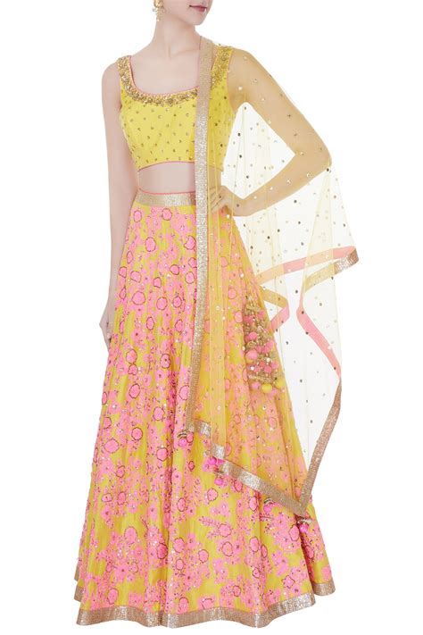 Buy Yellow Katan Silk Embroidered Thread Work Scoop Neck Lehenga Set