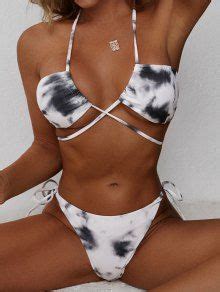 ZAFUL Tie Dye Ribbed Crisscross Halter String Bikini Swimwear In BLACK