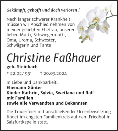 Traueranzeigen Von Christine Fa Hauer Abschied Nehmen De