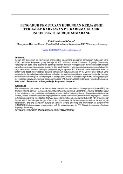 PDF PENGARUH PEMUTUSAN HUBUNGAN KERJA PHK TERHADAP KARYAWAN PT