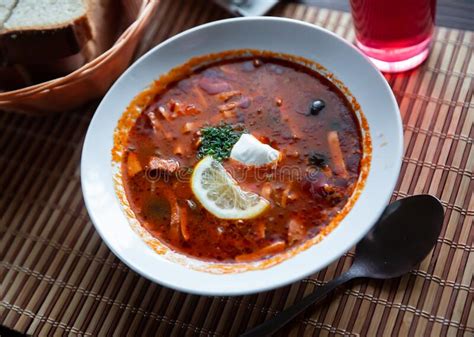 Russian Meat Soup Solyanka With Assorted Meat And Sausages And