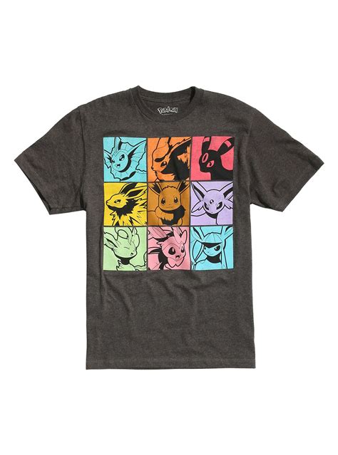 Colorful Grid Design Of Eevee Evolutions On A Charcoal Heather T Shirt