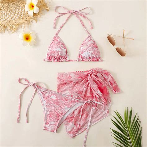 Three Pieces Women Bikini Set Tie Dyed Sexy Micro Bikinis Halter Neck Lace Swimwear 2024 Women