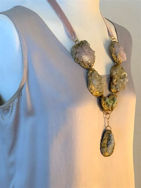 Pastel Druzy Statement Necklace W Velvet Ribbon Ties Pink Etsy