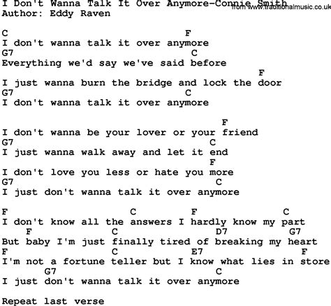 Country Music:I Don't Wanna Talk It Over Anymore-Connie Smith Lyrics and Chords