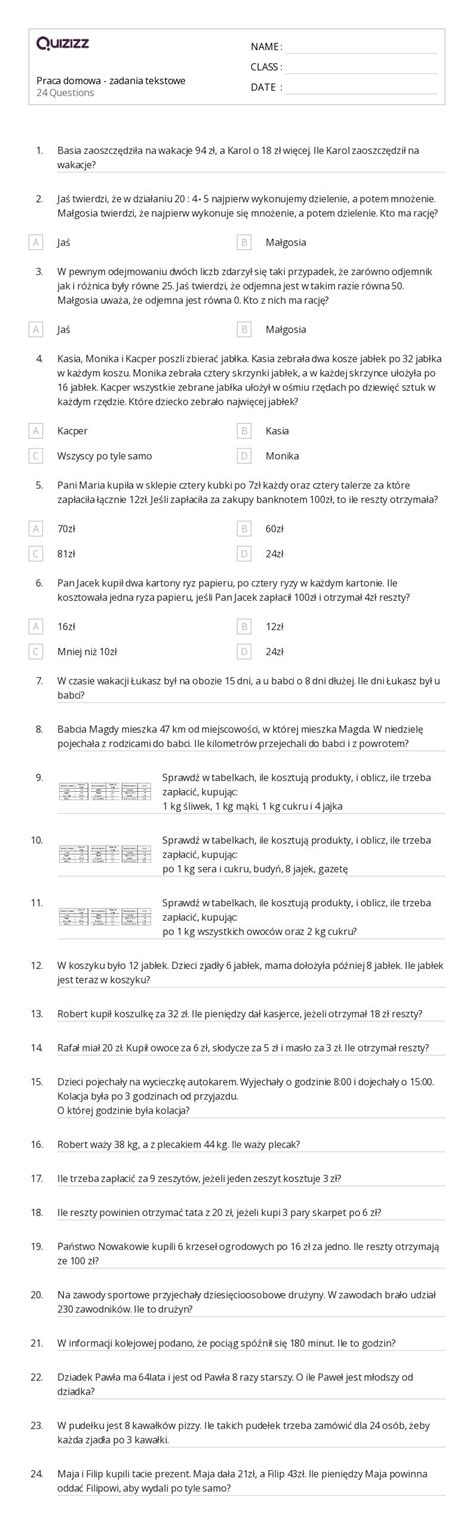 Ponad Zadania Tekstowe Na Dzielenie Arkuszy Roboczych Dla Klasa W