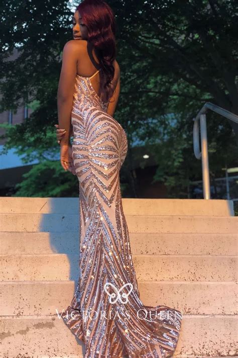 Striped Rose Gold Sequin Open Back Mermaid Prom Dress VQ