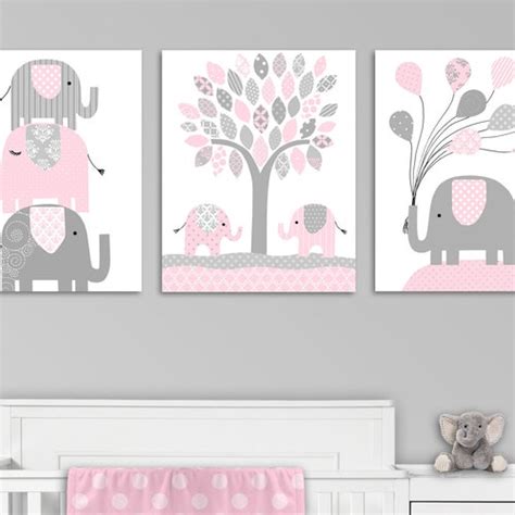 Elephant Nursery Decor Elephant Wall Art Grey And Pink Girl Etsy