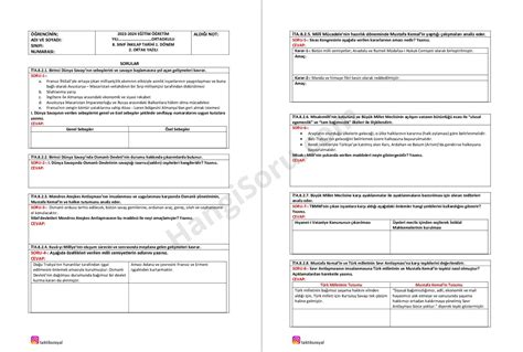 Açık Uçlu 8 Sınıf İnkılap Tarihi 1 Dönem 2 Yazılı Soruları 2023 2024