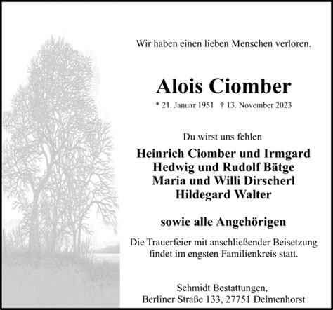 Traueranzeigen Von Alois Ciomber Noz Trauerportal