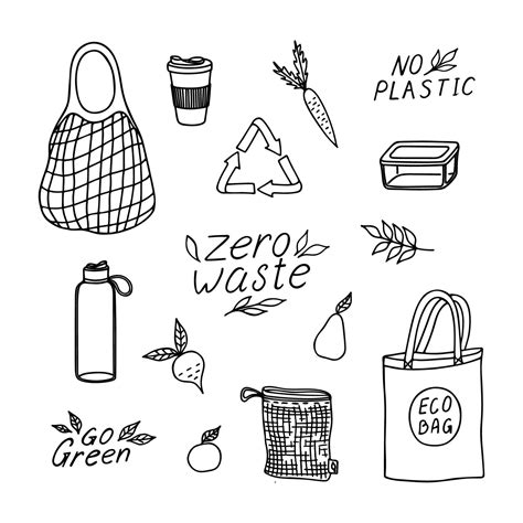 Doodle Set Of Zero Waste Concept Hand Drawn Vector Elements For