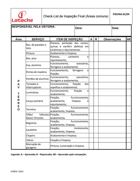 Form V Check List De Inspe O Final Reas Comuns Check List