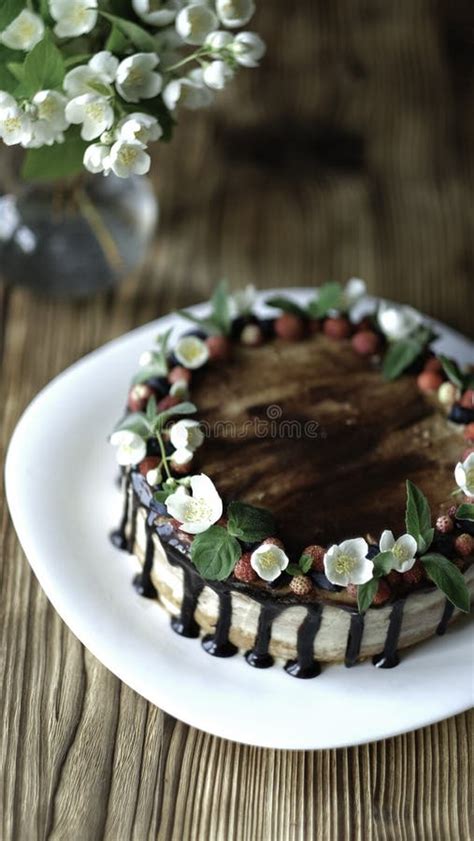 Torta Desnuda Del Goteo Con El Chocolate Adornado Con Las Fresas Las