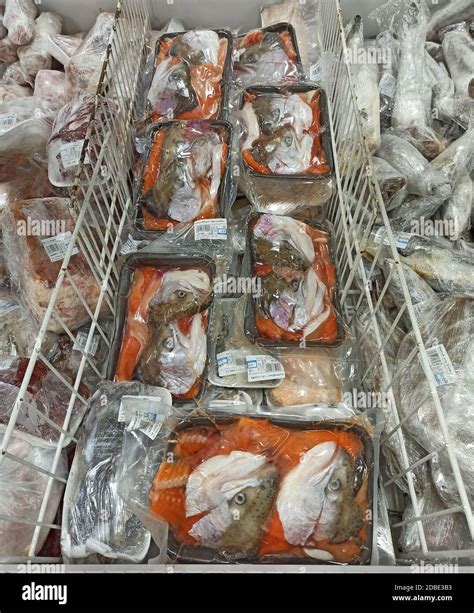 Soup Set Of Salmon Heads In Supermarket Refrigerator Frozen Seafood