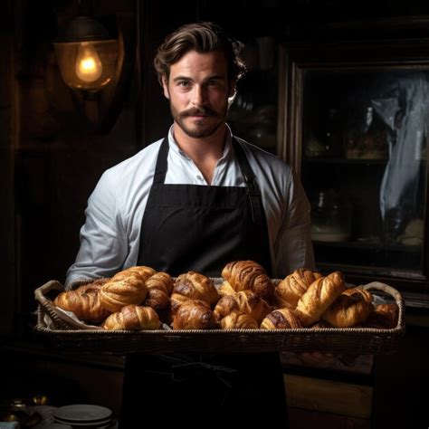 Premium Photo Baker Holding A Tray Full Of Fresh Croissants