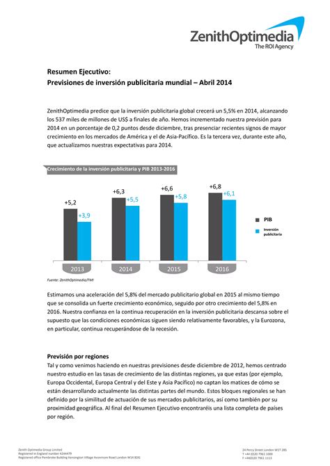 Pevisiones de inversión publicitaria mundial ZenithOptimedia Abril 2014