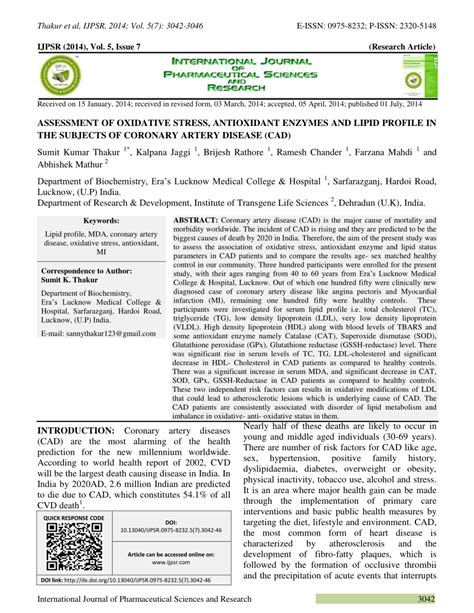 Pdf Assessment Of Oxidative Stress Antioxidant Enzymes And Lipid