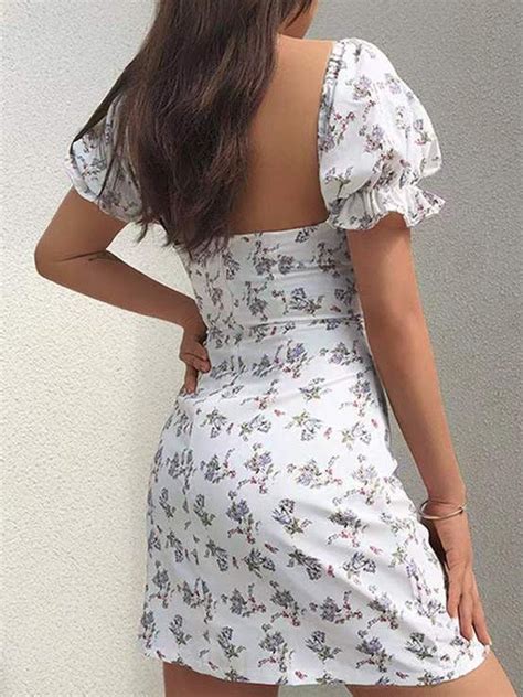 Emmiol Free Shipping Backless Puff Sleeve Floral Mini Dress White