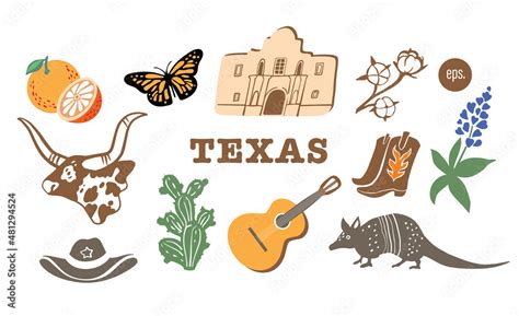 Texas Symbol Vector Illustrations Set Animals Plants Objects Vector