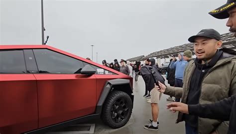 First Tesla Cybertruck In Red Shows Up And People Cant Help Staring