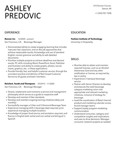 Beverage Manager Resume Samples Velvet Jobs