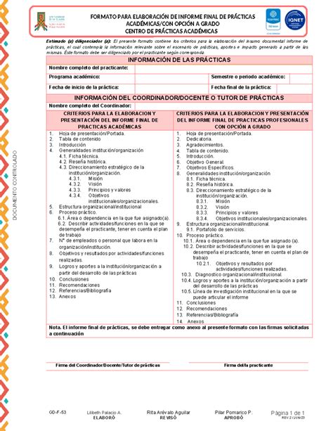 GD F 53 Elaboración DE Informe Final DE Prácticas Académicas O CON