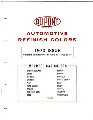 1966 TO 1970 DUPONT AUTOMOTIVE IMPORT REFINISH CAR COLOR REFERENCE