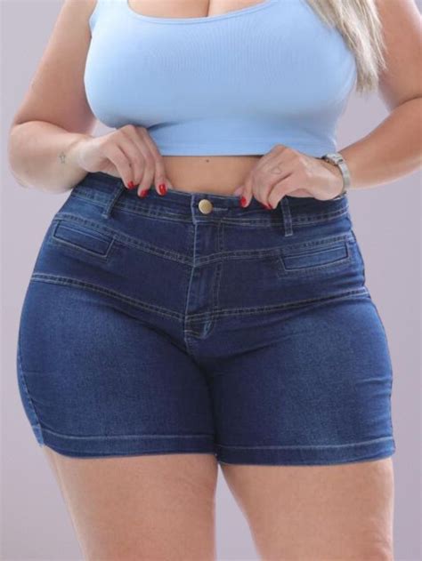 Short Jeans Plus Size Feminino Cintura Alta Levanta Bumbum Destroyed In