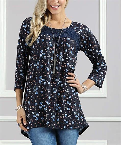 Navy Floral Lace Accent Crisscross Back Tunic Plus Too