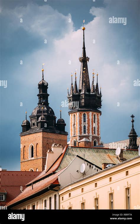 Krakow Poland Two Towers Of St Mary S Basilica Close Up Of Famous