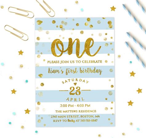 First Birthday Invitation Boy, Boy 1st Birthday Invite, Confetti 1st Birthday Invitation, Blue ...