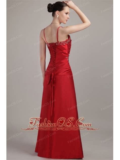 Wine Red Column Sheath Spaghetti Straps Floor Length Taffeta Beading