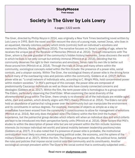 Society In The Giver By Lois Lowry Free Essay Example