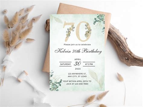 Editable 70th Birthday Invitation Template Floral Green Birthday Invite Adult Birthday Invite