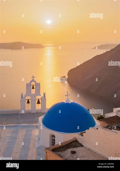 Three Bells Of Fira Iconic Blue Domed Church At Sunset Fira