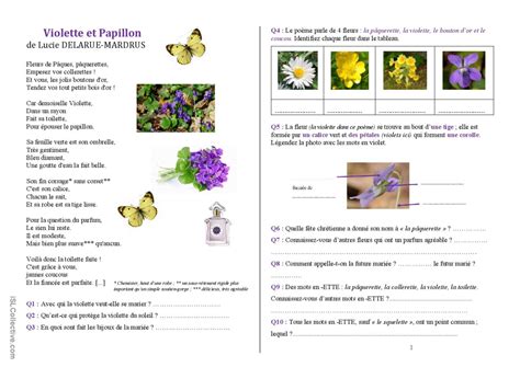 Violette et papillon un poème prati Français FLE fiches pedagogiques