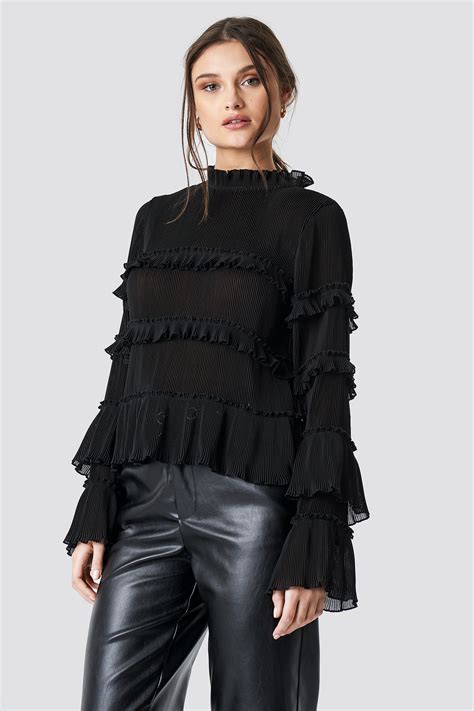 Pleated High Neck Frill Blouse Black Na Kd