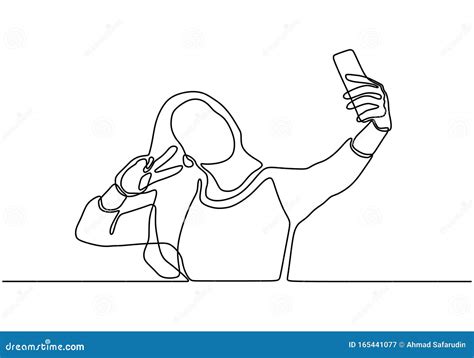 Continuous One Line Drawing Of Selfie Girl Vector Woman Or Person