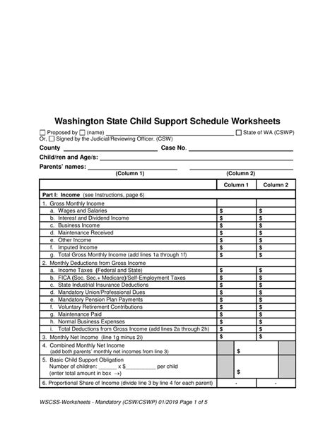 Washington Washington State Child Support Schedule Worksheets Fill