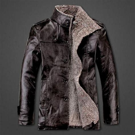 Mens Winter Pu Leather Coat Fur Parka Fleece Jacket Trench Slim Coat Black Chocolate Winter